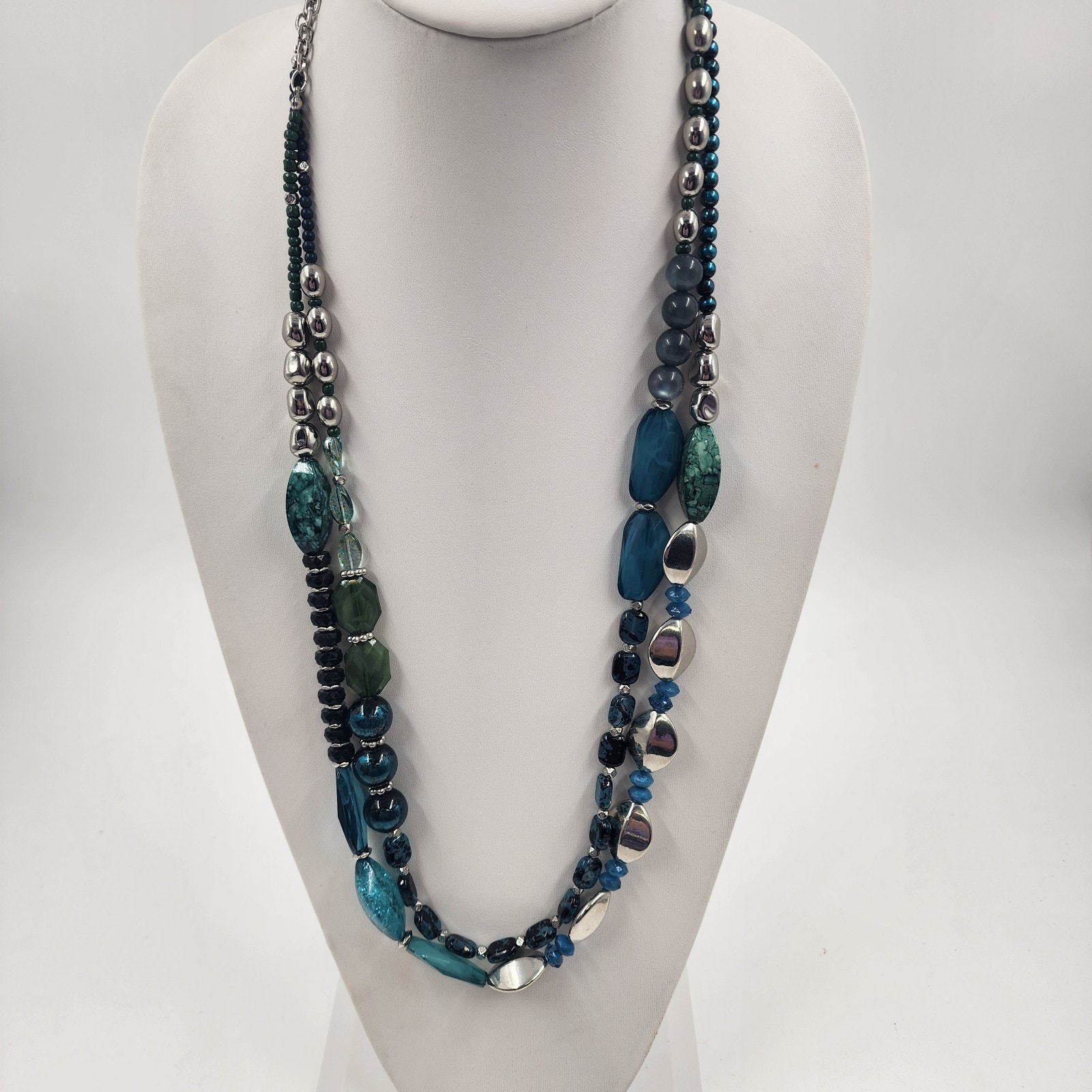 Catherines Double Strand Silver Tone Blue Black Green Faux Pearl Beads Necklace 32$